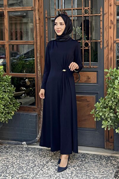SCL Dik Yaka Metal Aksesuarlı Drapeli Elbise 10002521311022 Lacivert