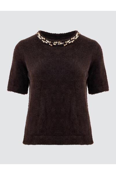Jimmy Key Acı Kahve Düz Kesim Yuvarlak Yaka Triko Kazak