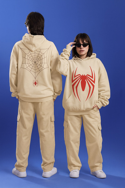 CLASSY.MODA Unisex 3 Thread Hooded Kangaroo Pocket Sweatshirt Front Back Custom Red Black Spider Print