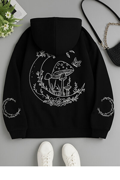 CLASSY.MODA Women's Hooded Kangaroo Pocket Oversized Sweatshirt with Moon Mushroom Flower Print on the Back, Casual Daily Wear