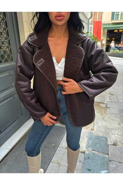 maf collection Women's Brown Leather Jacket with Button and Pocket Detail