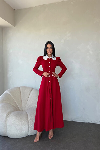 kamacibutik Lace Collar Front Patched Acrylic Dress