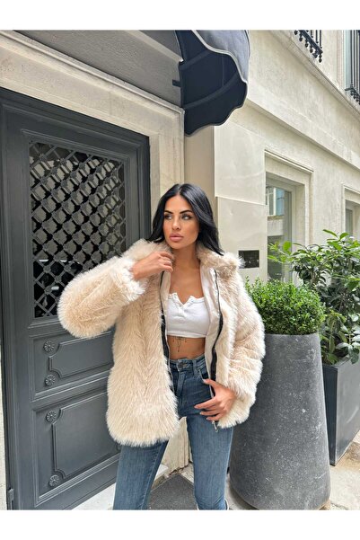 maf collection Women's Cream Zippered and Lined Fur Coat