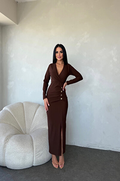 kamacibutik KRUVAZE YAKA DÜĞME DETAYLI ELBİSE