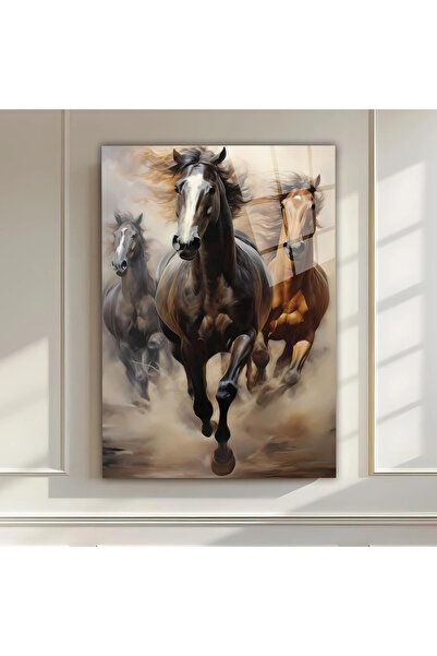 GRAFİVO Atların Gücü Cam Tablo – Koşan 3 At Sanatsal Görünüm (Detaylı Tasarım)