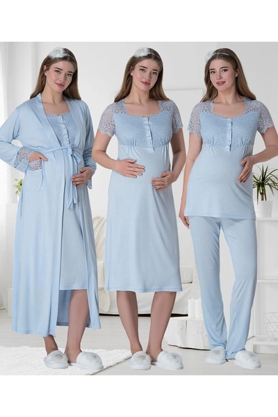 Viselya Μπλε Μακρύ Νυχτικό Πιτζάμα Σετ Εγκυμοσύνης