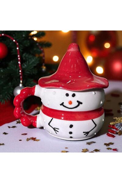 İZart Hat and Bead Handle Snowman Patterned New Year Themed Special Embossed Hand Embroidered Ceramic Mug