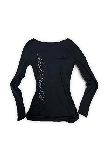 Karakedi Black Gothic Back Printed Wing Wide Neck Y2K Long Sleeve Crop