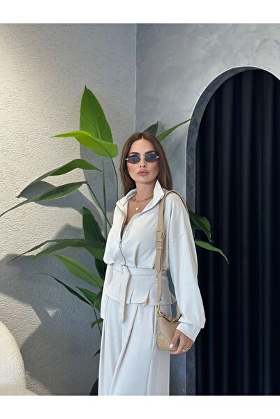 By Merve Darende Modal Suit with Belt Detail Cardigan