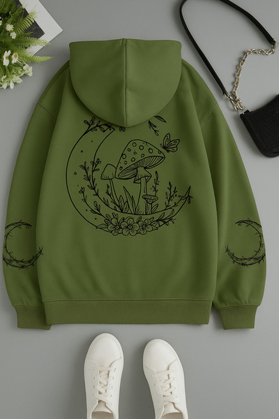 CLASSY.MODA Women's Hooded Kangaroo Pocket Oversized Sweatshirt with Moon Mushroom Flower Print on the Back, Casual Daily Wear