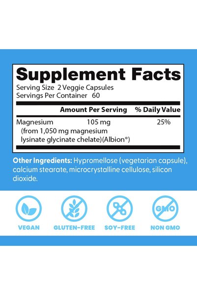 Doctor's Best High Absorption Magnesium Lysinate Glycinate, 105 mg, 120 Vegetarian Capsules