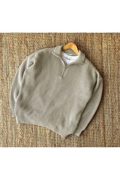 brozzi men Pulover tricotat unisex bej cu jumătate de fermoar