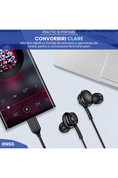 ONSG Sunix M-40 Wired USB-C Earphones, Noise Reduction MEMS Microphone, Clear Sound, Powerful Bass, Black