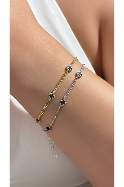 Luna Argento Beyaz Altın Kaplama Rodajlı Mini 5 Li Siyah Yonca Bileklik 925 A...