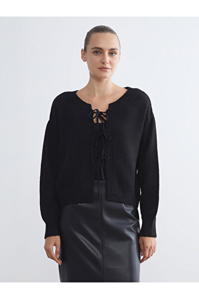 LC Waikiki Γκρι πλεκτή ζακέτα με φιόγκο στο λαιμό