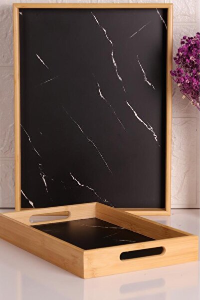 Atbyhome Bambum Marbella - Set of 2 Marble Patterned Trays Black Large Small