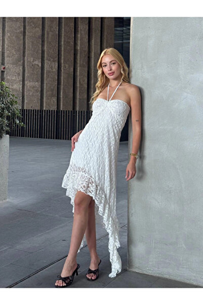hazelin Women's White Halter Strapless Asymmetrical Lined Lace Dress Hzl25S-Zk13671