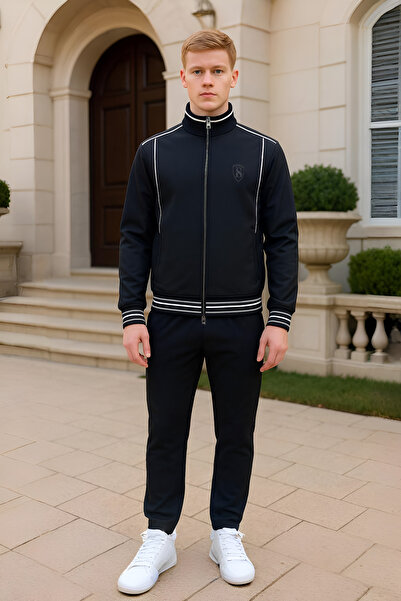 BESSA Black Stand Collar Tracksuit Set 2 Thread Fabric Zipper Pocket Straight Leg Men