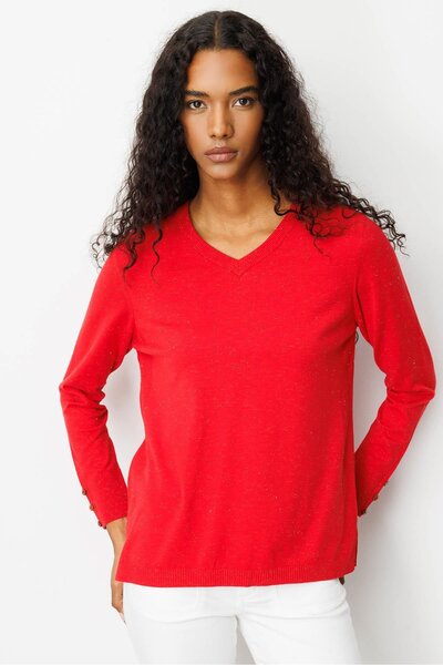 Desen Triko Women's V-Neck Buttoned Sleeves Glitter Blouse A.Red