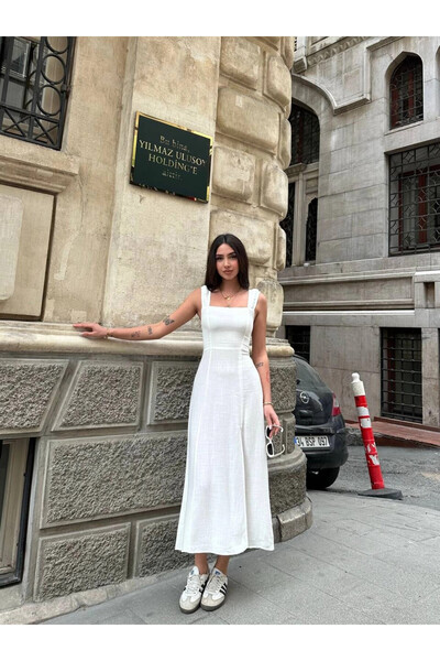 hazelin Γυναικείο λευκό λινό φόρεμα με λεπτομέρεια με σχισμή με κορδόνι στην πλάτη HZL25S-ZK11241