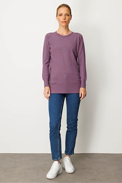 Desen Triko Women's Crew Neck Seamless Side Buttoned Glitter Sweater Purple