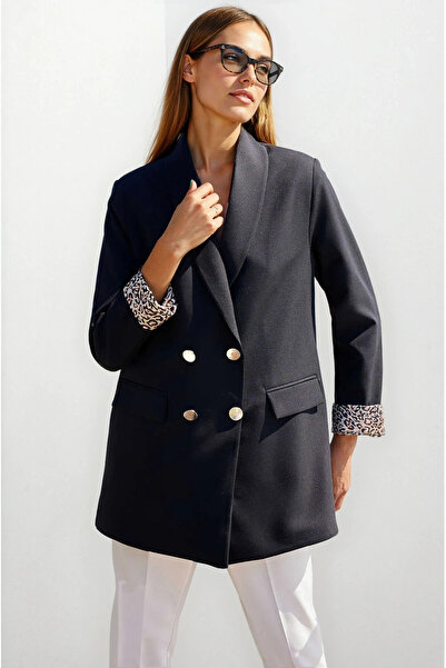 hazelin Women's Black Leopard Lined Button Detailed Blazer Jacket Hzl25W-Bd10...