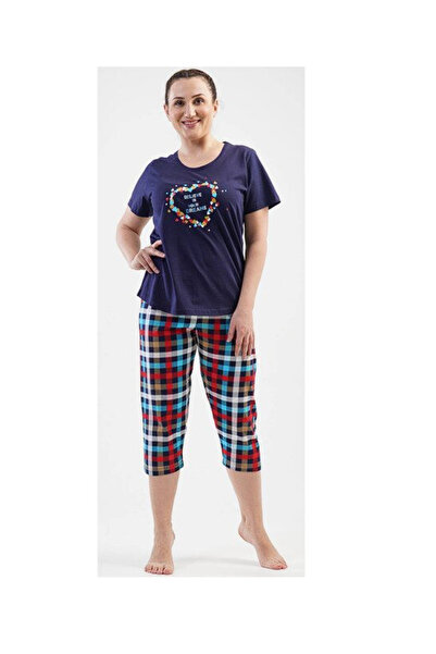 Vienetta Sateen Women's Vienetta cotton pajama set with Believe in Dreams heart print and 3/4 checked pants 4XL