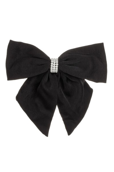 SHOPIENS Agrafă de păr pentru femei, fundă neagră cu mărgele albe, 16 cm