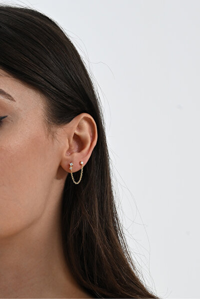 Söğütlü Silver 925 ayar gümüş altın yaldızlı zirkon taşlı çift delikli kullanılabilen gümüş zincir küpe SGTL13073GO