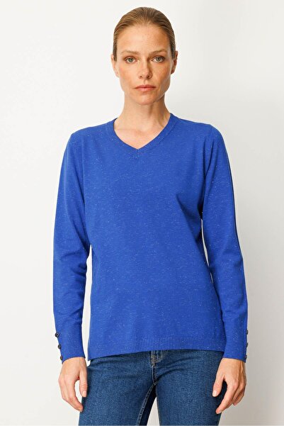 Desen Triko Women's V-Neck Sleeves Buttoned Glitter Blouse S.Blue