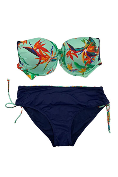 hazelin Women's Turquoise Navy Blue Patterned Plus Size Lined Bikini Set Hzl25S-Lc3327