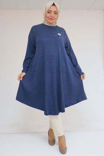 Eslina 58117 Plus Size Stone Detailed Mevlana Mir Tunic - Indigo