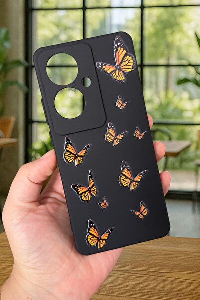 Vip Case OPPO RENO 11F Uyumlu Turuncu Kelebek Desenli Silikon Darbe Emici Klasik Korumalı Rubber Kılıf