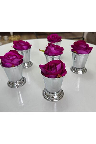 SEVA ÇELİK Decorative Silver Plated 6 Pieces Rose Bowl Includes Fuchsia Color Roses