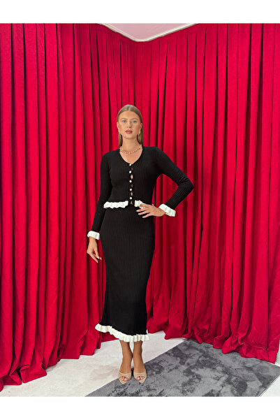 Neva Wear Ruffle Detailed Women's Knitwear Set – Buttoned Top and Maxi Skirt