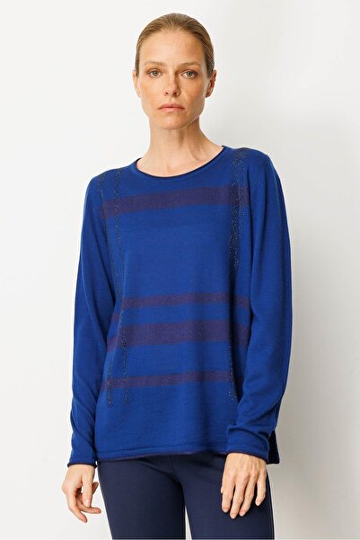 Desen Triko Bluză de damă din lână cu dungi strălucitoare, cu gâtul în formă de O, K.S.Blue