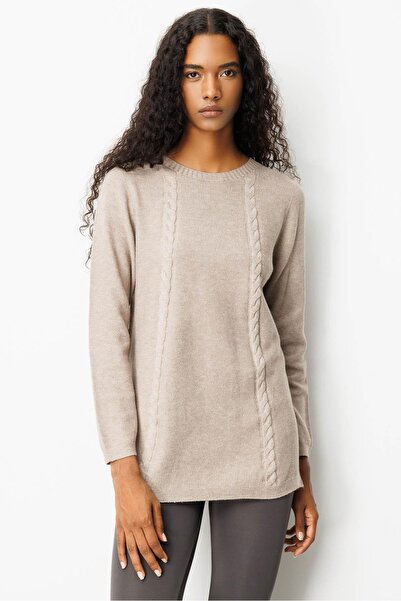 Desen Triko Γυναικείο πλεκτό πουλόβερ με σχισμές στο πλάι, ρυζόχρωμο πλεκτό βιζόν