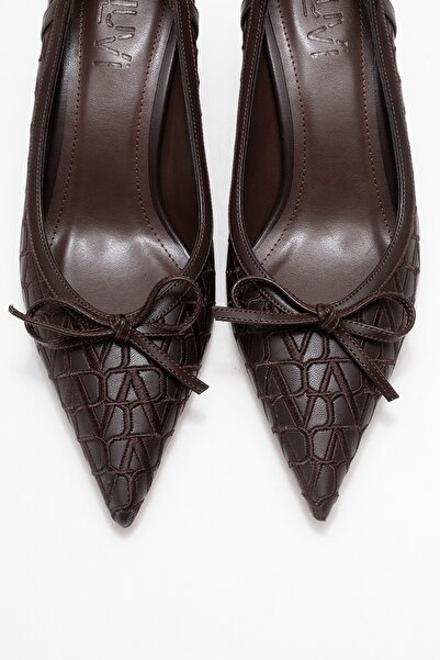 LuviShoes CAMDEN Кафяви дамски обувки с висок ток и панделка с мотив