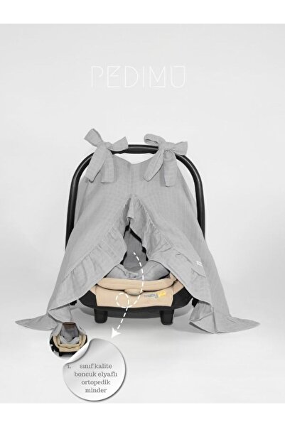 Pedimu Muslin Gray Color Ruffle Detailed Stroller Cover and Stroller Cushion Set