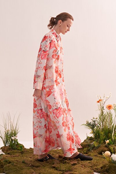 EBU Prive Women's Patterned Oversize Shirt Dress Pink Floral Pattern