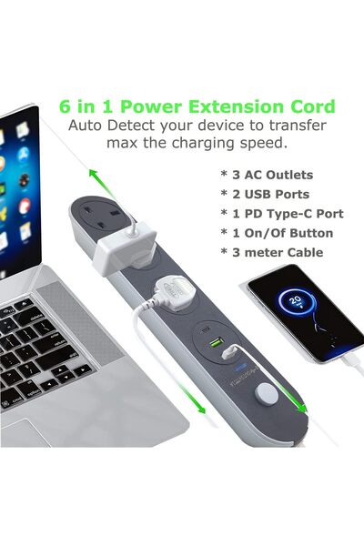 lyvenda Extension 3 meter power strip has 2 usb 1 pd type c 3A 3 uk power socket heavy duty extension lead