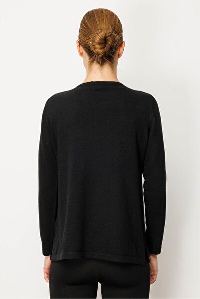 Desen Triko Women's Crew Neck Embroidered Edge Wool Blouse Black