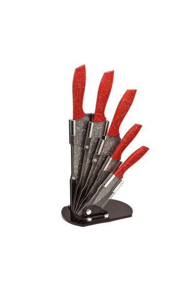 Voltz V51633A5 knife set, 5 pieces, Marble finish, Stand, Red/gray