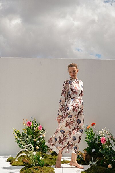 EBU Prive Women's Patterned Oversize Shirt Dress Abstract Floral Patterned