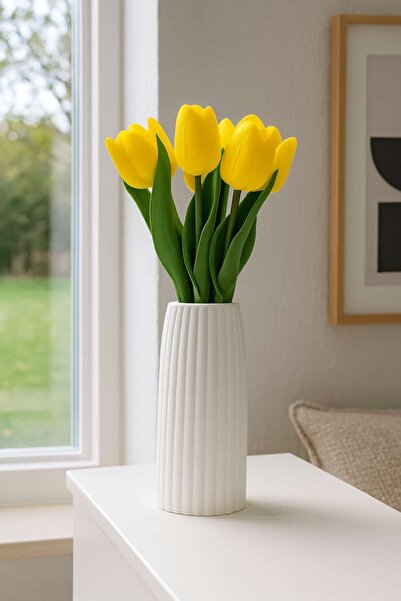 My Family Beyaz Çizgili Vazo & Islak Solmayan Yapay Sarı Lale – Dekoratif Mas...