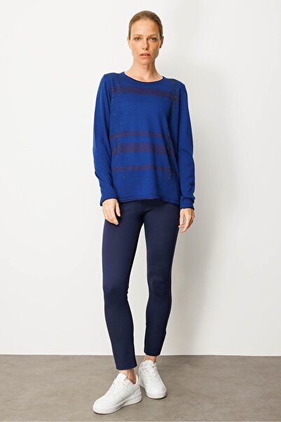 Desen Triko Bluză de damă din lână cu dungi strălucitoare, cu gâtul în formă de O, K.S.Blue