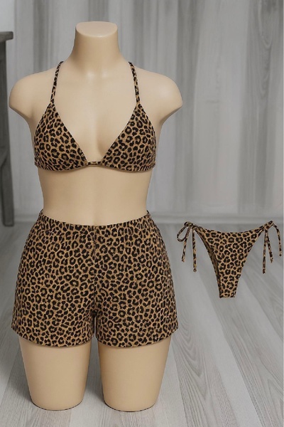 The LOG INVEST Women's 3-Piece Set Leopard Patterned Bikini Swimsuit Set with Shorts and Side Tie