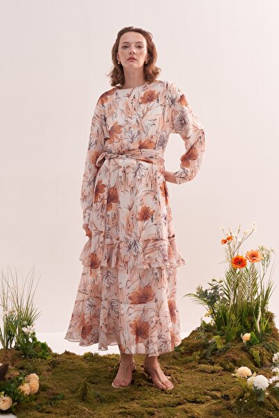 EBU Prive Women's Chiffon Ruffle Dress Glittering Orange Floral Pattern Ecru