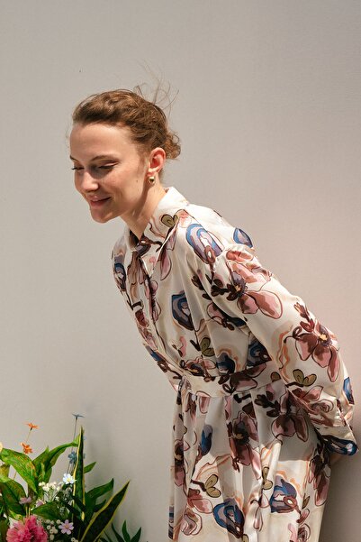 EBU Prive Women's Patterned Oversize Shirt Dress Abstract Floral Patterned