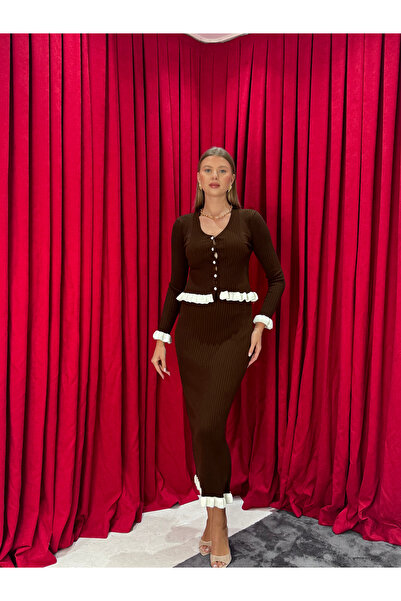 Neva Wear Ruffle Detailed Women's Knitwear Set – Buttoned Top and Maxi Skirt